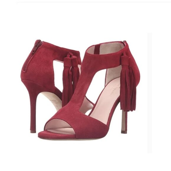 Like New Kate Spade Inga Red Suede Fringe Stiletto Sandals - Picture 1 of 8